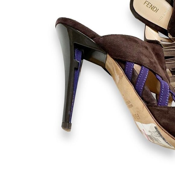Fendi Sandalo Mix Elastico + Fuoco Art Brown Suede Open Toe Heels Women’s Siz 40 - Picture 6 of 10